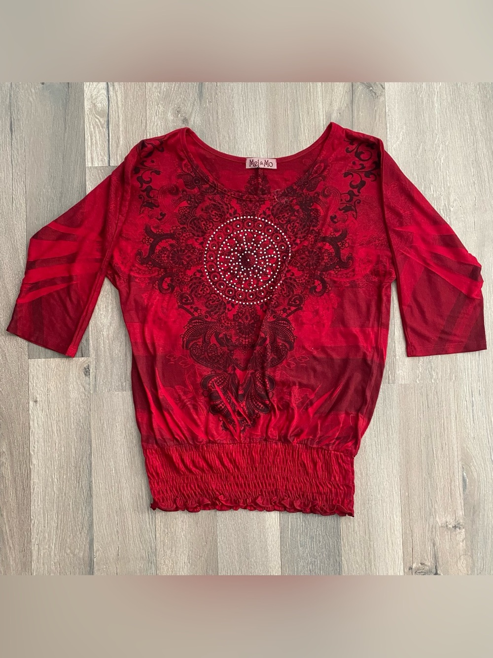 Y2K Red Paisley Beaded 3/4 Sleeves Baroque Romantic Goth Whimsigoth Grunge Top